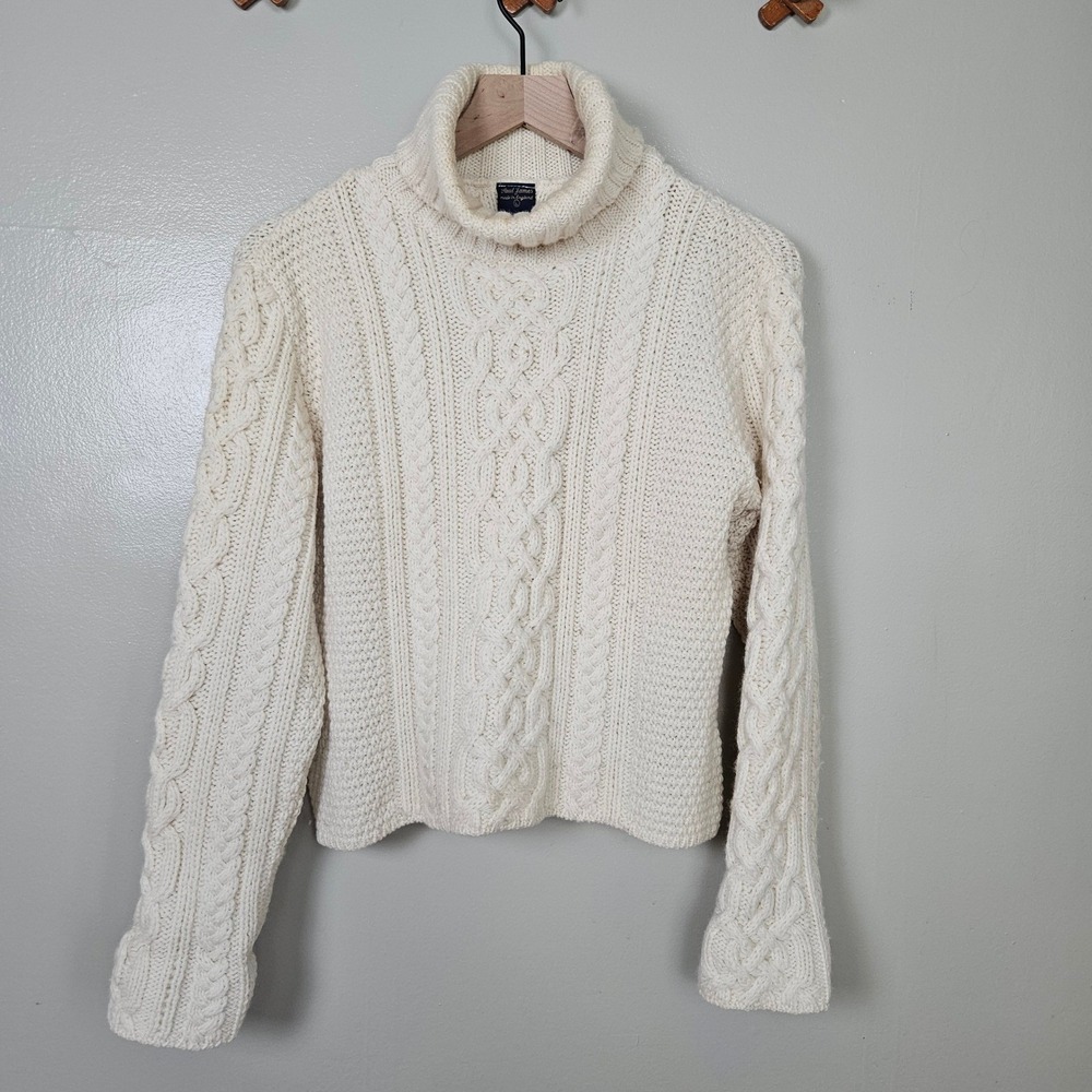 Paul James Crop Wool Cable Knit Chunky Sweater Sz L‎ Ivory Turtleneck Fisherman